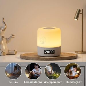 Luminária de Mesa LED Recarregável com Relógio Digital e Controle Remoto, Abajur Touch Ajustavel Sem Fio Portátil, Luz Noturna para Quarto Infantil, Berçário Escritório e Criado mudo - Imagem 9