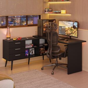 Escrivaninha Em L Mesa Para Computador Gamer 3 Gavetas Preto Lisboa Madesa - Imagem 1