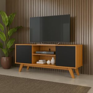 Rack Sala de Estar Turim 2 Portas e Nichos - Para TV até 50 Polegadas Pés Retrô em Madeira (Cedro/Preto) - Imagem 1