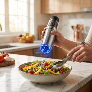 Moedor Eletrico de Sal e Pimenta com Sensor de Gravidade Automático e LED Azul - Mecanismo Ceramico Ajustavel, Operacao com Uma Mao, Inox para Temperos (Prata) - Imagem 7