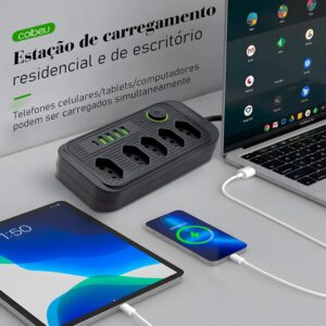 Extensão Tomada, Régua Tomada, Régua de Energia, 5 Tomadas, 4 Interfaces USB, 1 Porta USB Tipo-C, Cabo de Alimentação de 5 metros, Suporte a Tensão de 110-220V, Potência de 2500W, Preto - Imagem 8