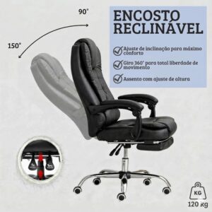 Cadeira Presidente Executiva com Apoio para Pés Retrátil | Couro PU | Reclinável 150° | Home Office e Escritório | Suporte Lombar | Giratória 360° | Preta - Imagem 5