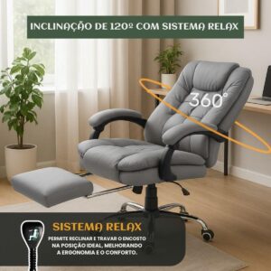 Cadeira De Escritório Itália Presidente Ergonômica Couro Sintético Encosto Ajustável Com Trava E Apoio Para Pés Cor Preta Luvinco (Cinza) - Imagem 6