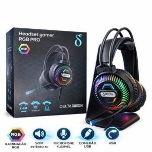 Fone de Ouvido Gamer RGB PRO USB com LED e Microfone Alta Qualidade Delta - Imagem 1