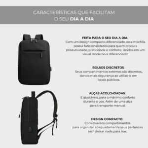 Mochila Executiva Notebook Slim Faculdade Trabalho Viagem Passeio Reforçada com Porta USB 15,6'' - Madz - Imagem 3