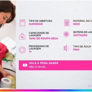 Lavadora de Roupas Electrolux 15kg Cesto Inox 11 Programas de Lavagem Branco Premium Care Jet&Clean e Time Control LEC15 - Imagem 2