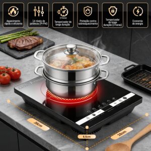 Cooktop Elétrico Portátil por Infravermelho 2200W, 14 Níveis de Temperatura - Compatível com Todos os Tipos de Panela, Temporizador, Função Travamento Infantil, 220V (Alternativa a Fogão de Indução) - Imagem 6
