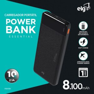 Power Bank Portátil 8100mAh com LED Indicador, Saída USB-A e USB-C, Compacto para Viagem, Preto, PB81BK, ELG - Imagem 2