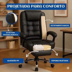 Cadeira Presidente Executiva com Apoio para Pés Retrátil | Couro PU | Reclinável 150° | Home Office e Escritório | Suporte Lombar | Giratória 360° | Preta - Imagem 7