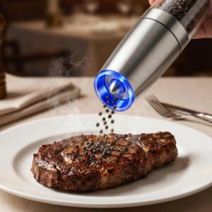 Moedor Eletrico de Sal e Pimenta com Sensor de Gravidade Automático e LED Azul - Mecanismo Ceramico Ajustavel, Operacao com Uma Mao, Inox para Temperos (Prata) - Imagem 4