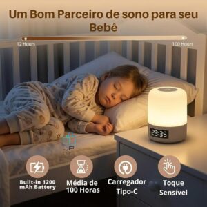 Luminária de Mesa LED Recarregável com Relógio Digital e Controle Remoto, Abajur Touch Ajustavel Sem Fio Portátil, Luz Noturna para Quarto Infantil, Berçário Escritório e Criado mudo - Imagem 8