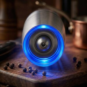 Moedor Eletrico de Sal e Pimenta com Sensor de Gravidade Automático e LED Azul - Mecanismo Ceramico Ajustavel, Operacao com Uma Mao, Inox para Temperos (Prata) - Imagem 6