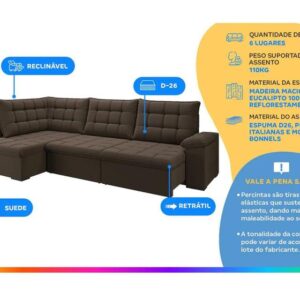 Sofá de Canto 6 Lugares Retrátil Reclinável Suede Veludo Dallas Flexforma Estofados - Imagem 4