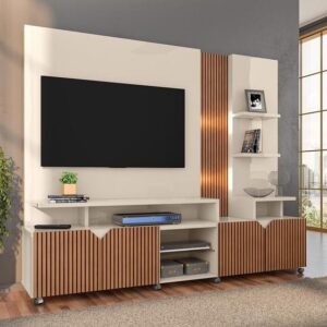 Estante Home para TV até 55 Polegadas Impressão Ripada Cross Lukaliam Off White/Tauari - Lukaliam Móveis - Imagem 2