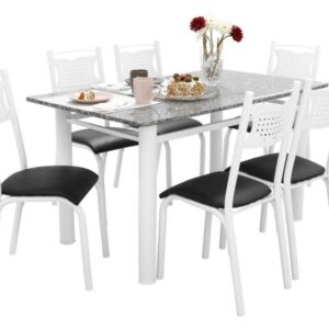 Mesa de Jantar 6 Cadeiras Retangular Aço Tampo Granito Poeme Ciplafe - Imagem 3