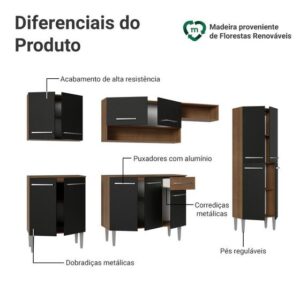 Armário de Cozinha Completa Madesa Emilly 293001 com Balcão e Paneleiro - Rustic/Preto - Imagem 4