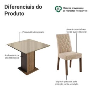 Conjunto Sala de Jantar Mesa Tampo de Vidro 4 Cadeiras Rustic/Crema/Imperial Anaju Madesa - Imagem 4