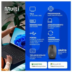 Notebook Multi Ultra UB251 4GB RAM 128GB eMMC 14" HD Windows 11 UB251 + Mouse Sem Fio - Imagem 4