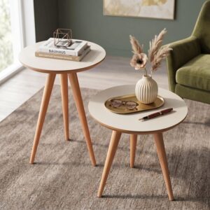 Kit Mesa Apoio e Lateral de Sofá Retrô Classic com 3 Pernas Decoração - Off White/Freijo - Imagem 2