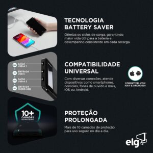 Power Bank Portátil 8100mAh com LED Indicador, Saída USB-A e USB-C, Compacto para Viagem, Preto, PB81BK, ELG - Imagem 3