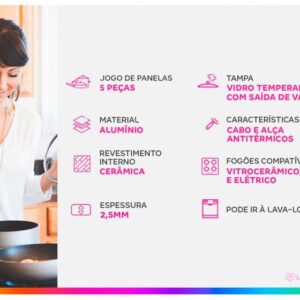 Jogo de Panelas Tramontina Revestimento Cerâmico de Alumínio Cinza 5 Peças Glenz - Imagem 2