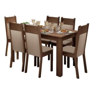 Conjunto Sala de Jantar Mesa Tampo de Madeira 6 Cadeiras Rustic/Crema/Bege Jaíne Madesa - Imagem 2