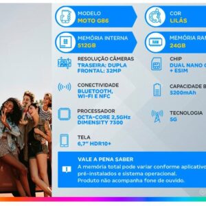 Smartphone Motorola Moto g86 512GB 5G 12GB+12GB RAM Boost Inteligente Lilás 6,7" Câm. Dupla + Selfie 32MP - Imagem 2