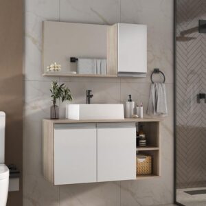 Armario gabinete banheiro 80cm + cuba soprepor + espelheira com puxador aluminio madeirado/branco - MOVEIS JOIA - Imagem 1