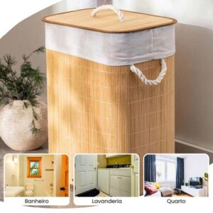 Cesto de roupa suja de bambu com tampa e alças 50 litros organizador lavanderia brinquedos - KONTUZ HOME - Imagem 4