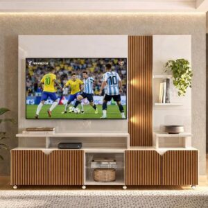 Estante Home para TV até 55 Polegadas Impressão Ripada Cross Lukaliam Off White/Tauari - Lukaliam Móveis - Imagem 1