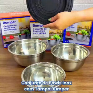 Conjunto De Bowls Tigela Inox Com Tampa Plástica Bumper Cinza - Imagem 2