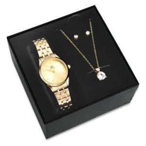 Kit Relógio Colar E Brincos Ponto De Luz Dourado Feminino Luxo Golden Saint Germain Presente Original Joias Elegante Clássico 28mm - Imagem 1