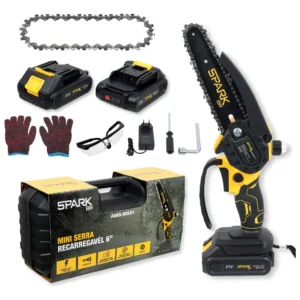 Kit Mini Serra 6 Polegadas Motosserra Eletrica Spark Br Portatil 2 Baterias Recarregável 21v Trava Segurança Acessórios Maleta Corrente Extra Bivolt - Imagem 1