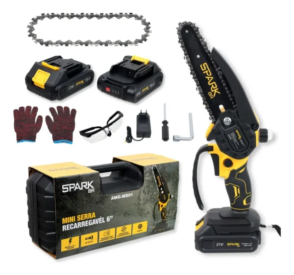 Kit Mini Serra 6 Polegadas Motosserra Eletrica Spark Br Portatil 2 Baterias Recarregável 21v Trava Segurança Acessórios Maleta Corrente Extra Bivolt