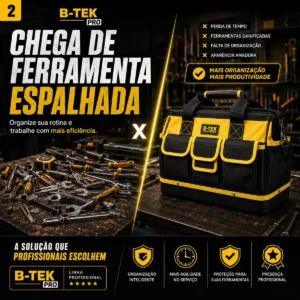 Bolsa Ferramentas Reforçada Grande Lona B-TEK BT-398 Mala 16 Bolsos 15kg Eletricista Encanador Mecânico Mochila Fundo Emborrachado Manutenção Predial Porta Ferramenta Profissional Preto E Amarelo - Imagem 3