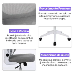 Cadeira Escritório Presidente Ergonômica NR17 Marqs Home Arcanis Cinza com Apoio Lombar e Encosto Mesh Premium - Imagem 6