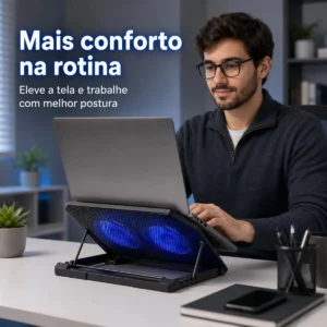 Suporte Notebook Dgx Base Mesa Led Refrigerada Ventilação 2 Cooler Silenciosa Cor Preto Led Azul - Imagem 2