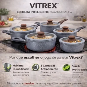 Jogo 5 Panelas Bologna Indução Cerâmica Cinza Vitrex Premium - Imagem 4