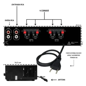 Amplificador Som Ambiente Bluetooth USB FM 4 Canais 125W RMS Receiver P/ Igreja Loja Restaurante Consultório RC7000BT Bivolt - Imagem 5