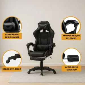 Cadeira De Escritório Gamer Nitro Ergonômica Estofado Couro Sintético Reclinável Altura Ajustável Apoio Para Pés Cor Preto Luvinco - Imagem 6