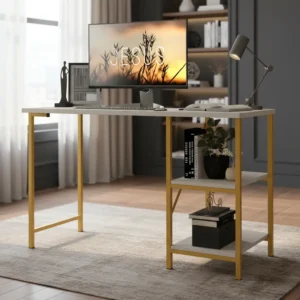 Mesa Escrivaninha Office Estudo Estilo Industrial Klm Store. Cor Dourado com Off White - Imagem 3