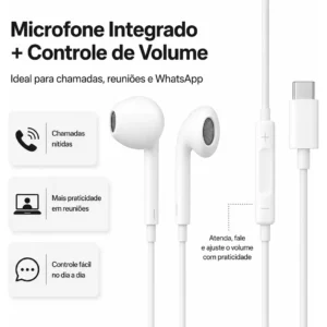 Fones De Ouvido Usb-c Tipo C Com Microfone Integrado Som Estéreo Alta Qualidade Controle De Chamadas Compatível Com iPhone 15 16 17 Android Samsung Xiaomi Motorola Conexão Direta Premium Eletric Teck - Imagem 7