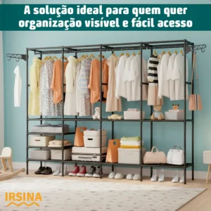 Guarda Roupa Cabideiro Organizador Closet Aberto Desmontavel Arara Divisórias 10 Prateleiras Aço Resistente Preto Irsina - Imagem 8