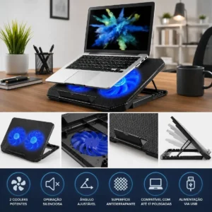 Suporte Base Refrigerada 2 Coolers Ventoinhas Resfriar Notebook Ventilação Silenciosa Ajustável Até 17 Pol Usb Cor Preto Led Azul - Imagem 4