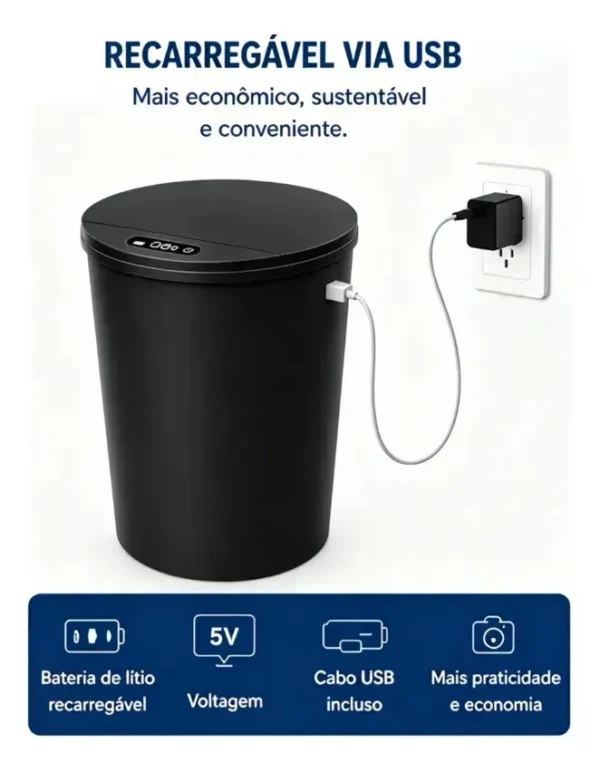 Lixeira Inteligente Automática com Sensor para Cozinha e Banheiro, 16 Litros Preto