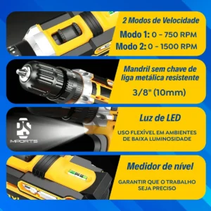 Parafusadeira Furadeira C/ 2 Baterias Maleta Kit Completo Led Eixo Flexível Vários Níveis Torque Simake - Imagem 3
