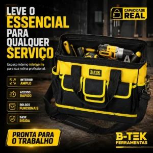 Bolsa Ferramentas Reforçada Grande Lona B-TEK BT-398 Mala 16 Bolsos 15kg Eletricista Encanador Mecânico Mochila Fundo Emborrachado Manutenção Predial Porta Ferramenta Profissional Preto E Amarelo - Imagem 4