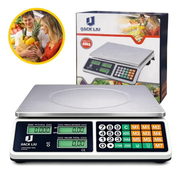 Balança Comercial 40kg Display Duplo Digital Hw Cálculo De Preço E Bateria Recarregável Para Mercado Cozinha Açougue