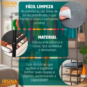 Guarda Roupa Cabideiro Organizador Closet Aberto Desmontavel Arara Divisórias 10 Prateleiras Aço Resistente Preto Irsina - Imagem 3
