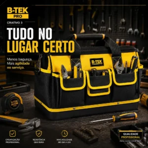 Bolsa Ferramentas Reforçada Grande Lona B-TEK BT-398 Mala 16 Bolsos 15kg Eletricista Encanador Mecânico Mochila Fundo Emborrachado Manutenção Predial Porta Ferramenta Profissional Preto E Amarelo - Imagem 5